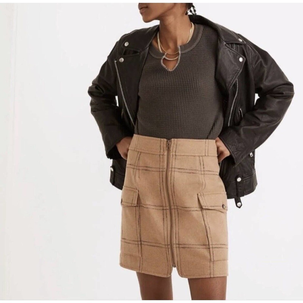 Madewell Zip Front Windowpane Mini Skirt Size 6 NWT Camel Brown Wool
